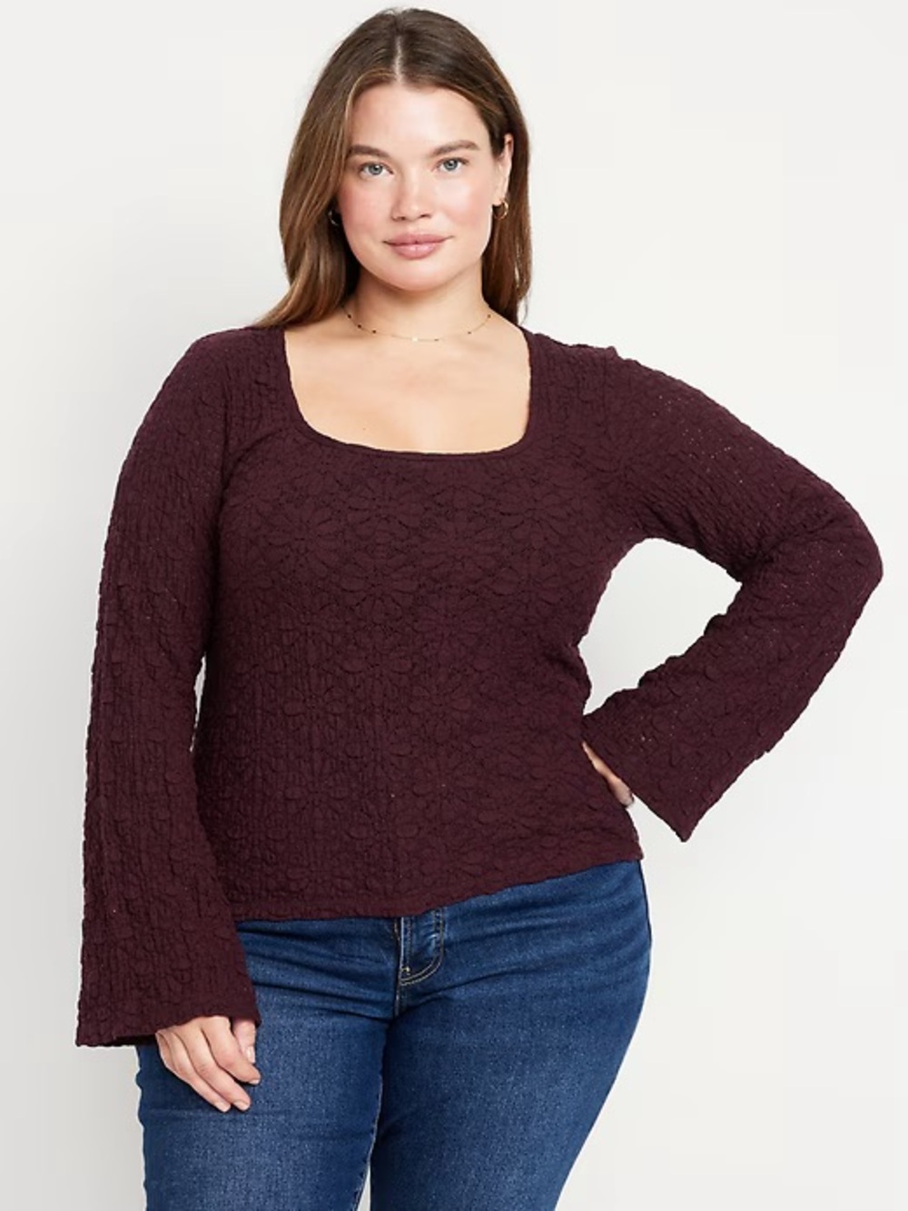 Old Navy Textured Lace Scoop Neck Top Long Sleeve Maroon